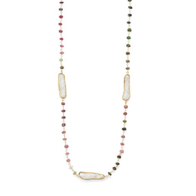 24" 14 Karat Gold Plated Tourmaline and Cultured Freshwater Pearl Necklace