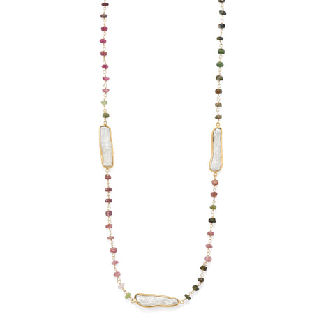 24" 14 Karat Gold Plated Tourmaline and Cultured Freshwater Pearl Necklace