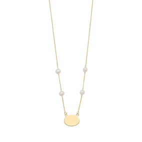Gold Plated Engravable ID Tag Necklace with White Cultured Freshwater Pearls