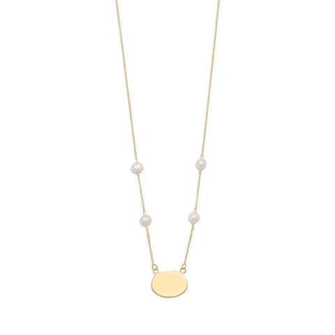 Gold Plated Engravable ID Tag Necklace with White Cultured Freshwater Pearls