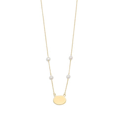 Gold Plated Engravable ID Tag Necklace with White Cultured Freshwater Pearls