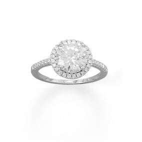 Rhodium Plated Round CZ Ring with CZ Edge