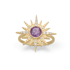 14 Karat Gold Plated CZ Sun Burst with Amethyst Ring